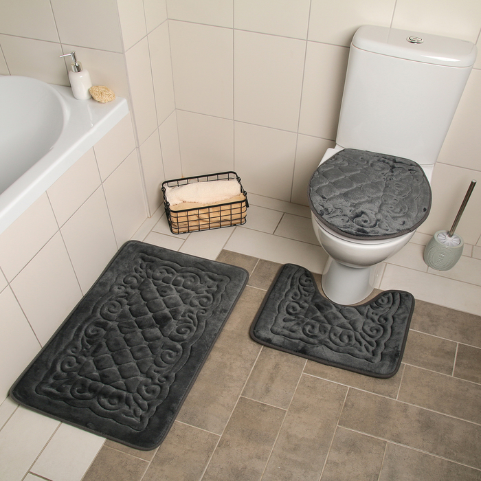 Набор ковриков для ванны и туалета Доляна «Узор», 3 шт: 38×43, 40×50, 50×80 см, цвет серый