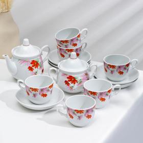 Сервиз чайный «Космея», 14 предметов: чайник 850 мл, сахарница 350 мл, 6 чашек 250 мл, 6 блюдец d=15 см
