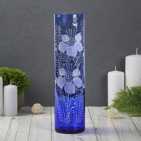 ваза "Цилиндр" d 80*h 300 мм. из синего стекла (ручная роспись) рис. № 7 (Бел.)