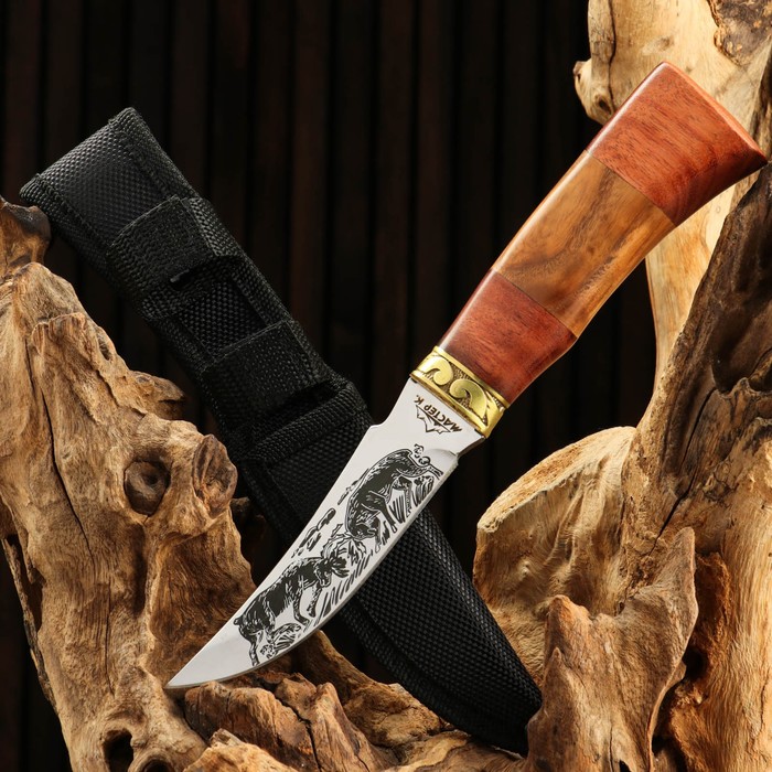 Нож охотничий "Схватка", в чехле, 23 см, лезвие с узором, рукоять деревянная