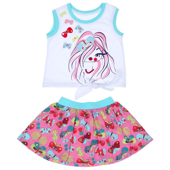 Комплект для девочки (майка+юбка), рост 104 см (56), цвет белый+розовый/бирюза_160083