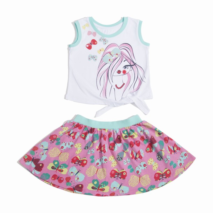 Комплект для девочки (майка+юбка), рост 116 см (60), цвет белый+бирюза/розовый_160083