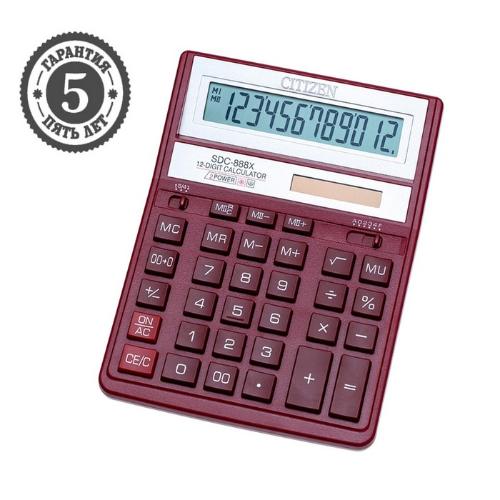 Калькулятор настольный 12-разрядный, Citizen Business Line SDC-888XRD, двойное питание, 158 х 203 х 31 мм, красный - фото 135940
