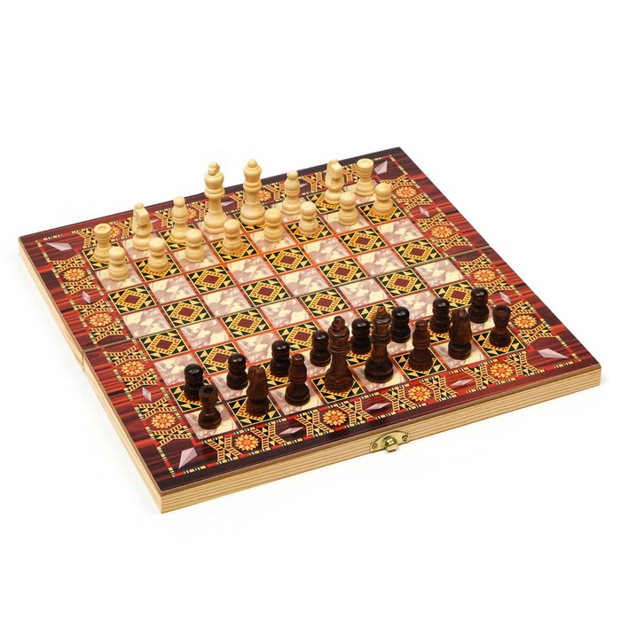 Настольная игра 3 в 1 "Узоры": нарды, шашки, шахматы, 29 х 29 см - фото 8288894