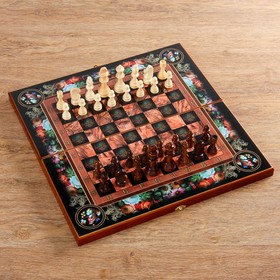 Настольная игра 3 в 1 "Цветы": шахматы, шашки, нарды (доска дерево 50х50 см)