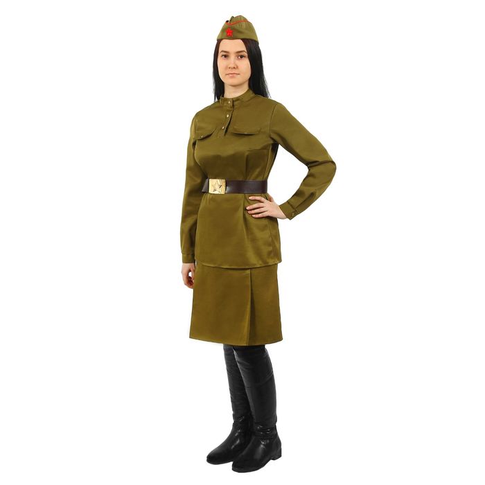 Костюм женский «Военный», гимнастёрка, юбка, ремень, пилотка, 92-100-164, р. 46