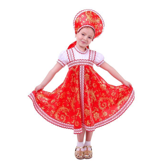 Русский народный костюм для девочки с кокошником, красно-бежевые узоры, р-р 60, рост 110-116 см - фото 8290558