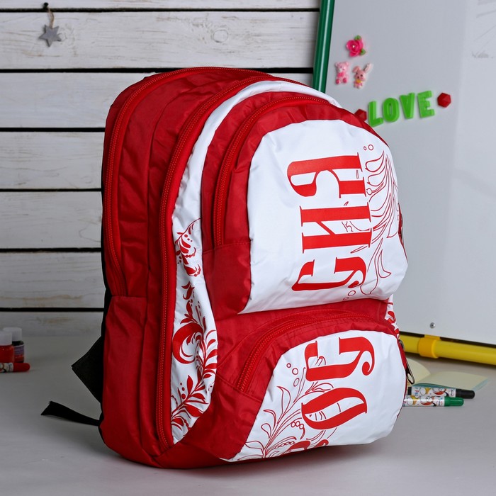 Рюкзак молодёжный на молнии &quot;Пилигримм&quot;, 2 отдела, 2 наружных кармана, красный/белый