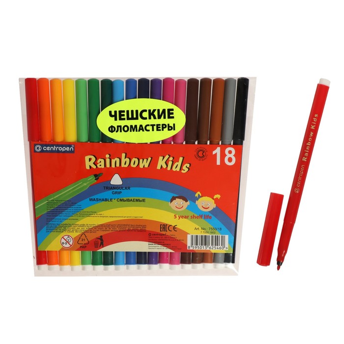 Фломастеры 18 цветов Centropen 7550 Rainbow Kids, пластиковый конверт, линия 1.0 мм