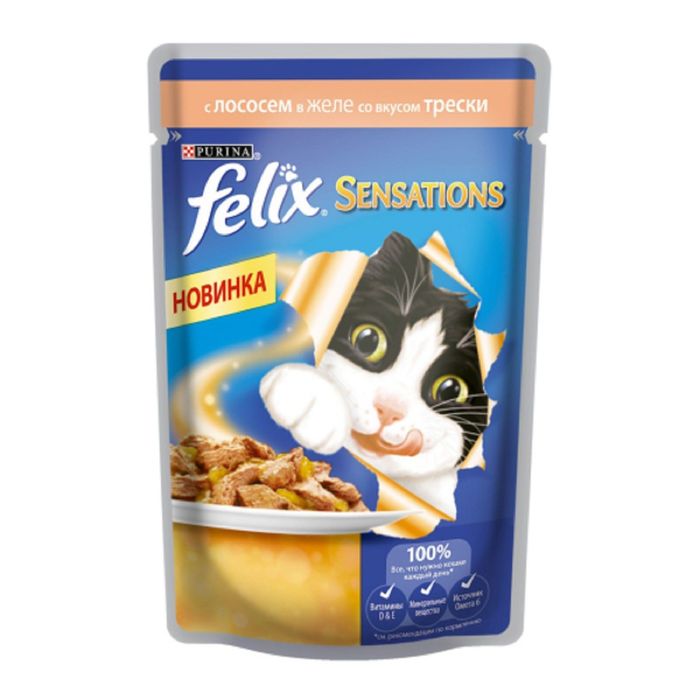 Влажный корм FELIX Sensations для кошек, лосось/треска в желе, пауч, 85 г