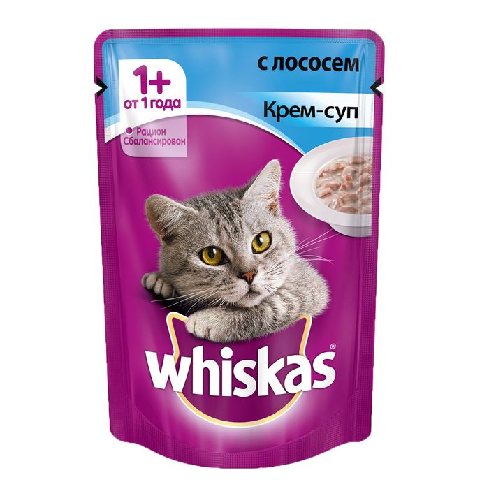 Влажный корм Whiskas для кошек, крем-суп с лососем, пауч, 85 г