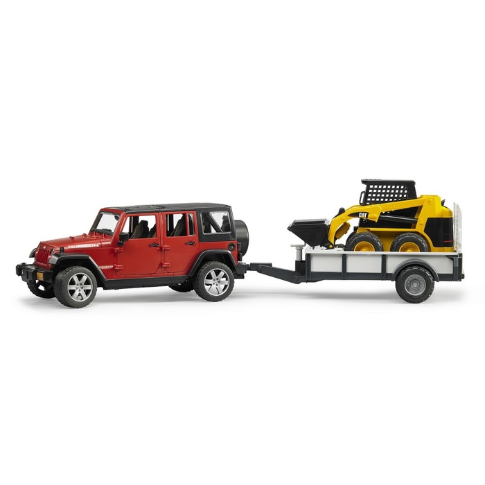 Внедорожник Jeep Wrangler Unlimited Rubicon c прицепом-платформой и колёсным мини-погрузчиком CAT BR