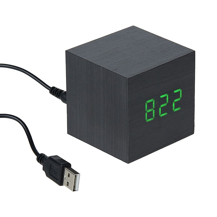 Часы-будильник LuazON LB-12 &quot;Деревянный кубик&quot;, USB в комплекте, черный