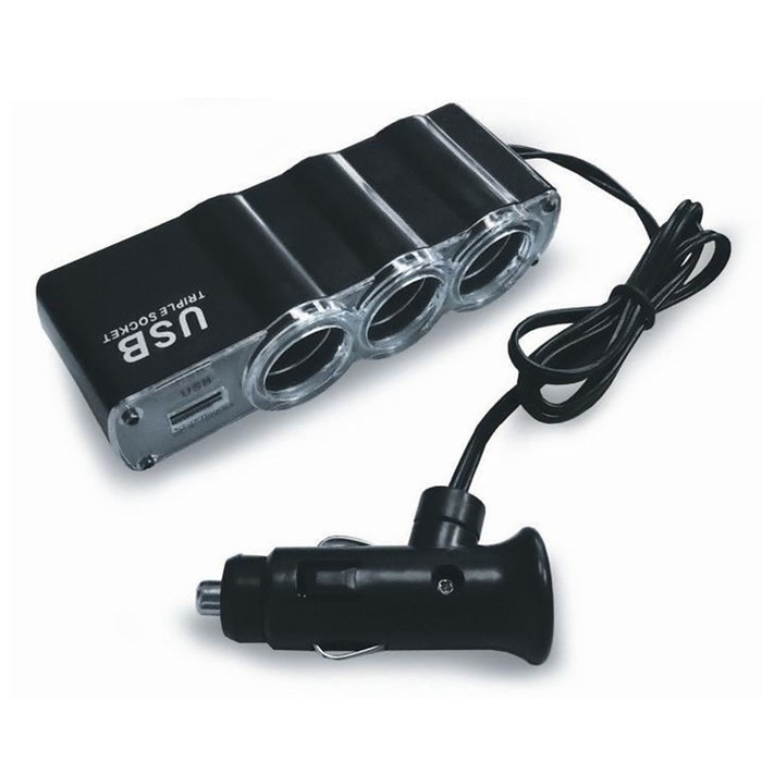 Разветвитель прикуривателя AVS CS314U, 12/24 В, на 3 выхода + USB