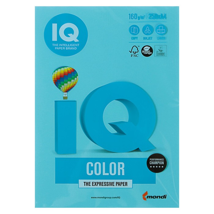 Бумага цветная IQ COLOR (А4,160г,MB30-голубой) пачка 250л.