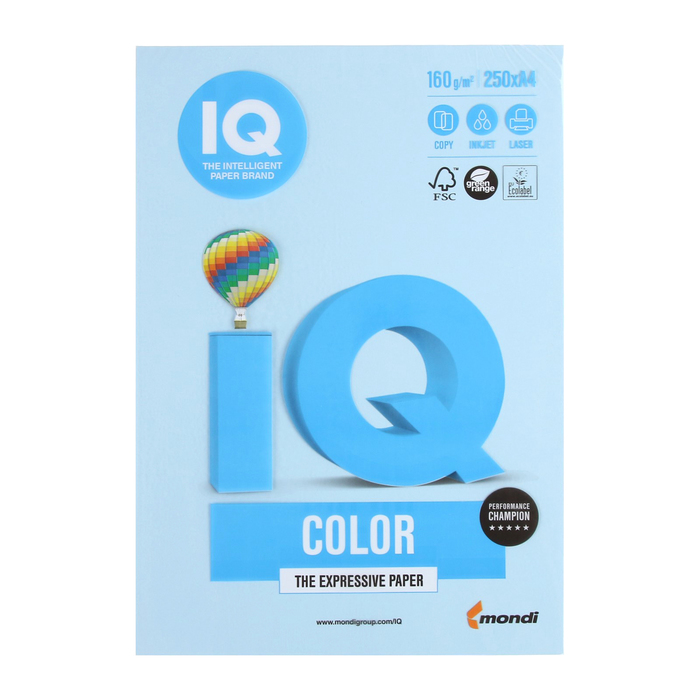 Бумага цветная IQ COLOR (А4,160г,OBL70-голубой лед) пачка 250л.