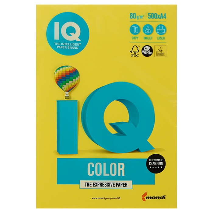 Бумага цветная А4 500 л, IQ COLOR, 80 г/м2, желтый, CY39