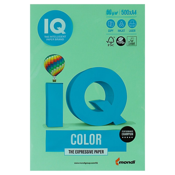 Бумага цветная IQ COLOR (А4,80г,MG28-зеленый) пачка 500л.