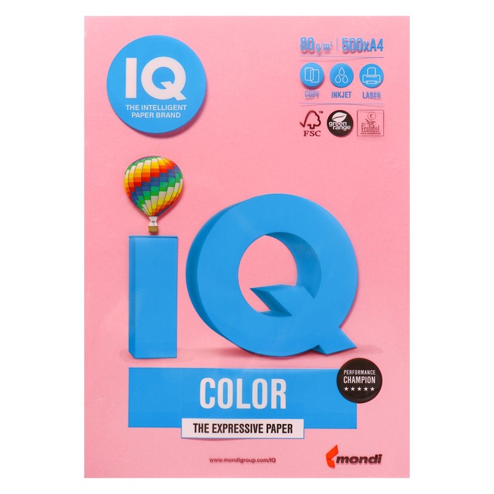 Бумага цветная А4 500 л, IQ COLOR, 80 г/м2, розовый, PI25