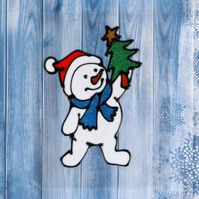 Наклейка на стекло "Снеговик в синем шарфе с ёлкой" 10х15 см