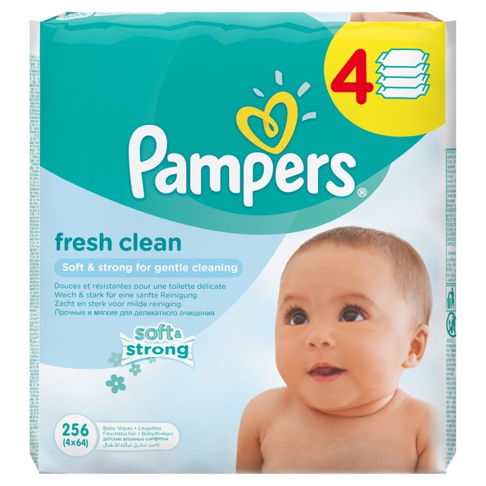 Детские влажные салфетки Pampers Fresh Clean, сменный блок, 4×64 шт