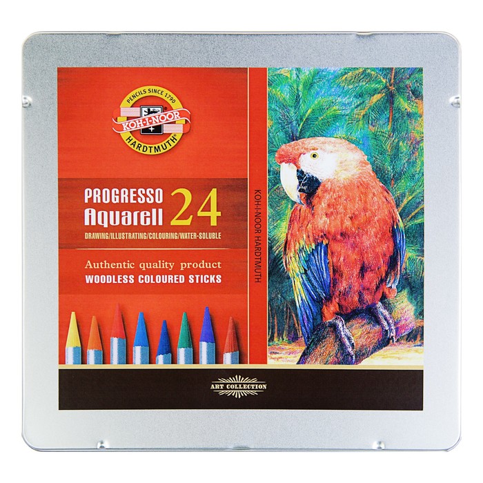 Карандаши акварельные набор 24 цвета, цельнографитовые Koh-I-Noor Progresso Aquarell, в металлическом пенале - фото 124260