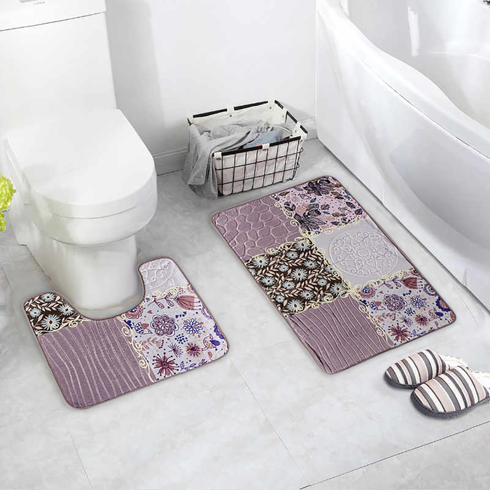 Набор ковриков для ванной и туалета Доляна «Коллаж», 2 шт: 40×50, 50×80 см, цвет серо-розовый - фото 166555