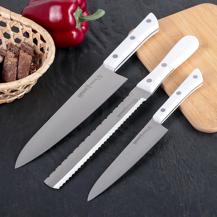 Набор кухонных ножей HаRаKIRI, 3 шт: лезвие 15 см, 18,5 см, 20,8 см, белая рукоять, сталь аUS-8 - фото 29149