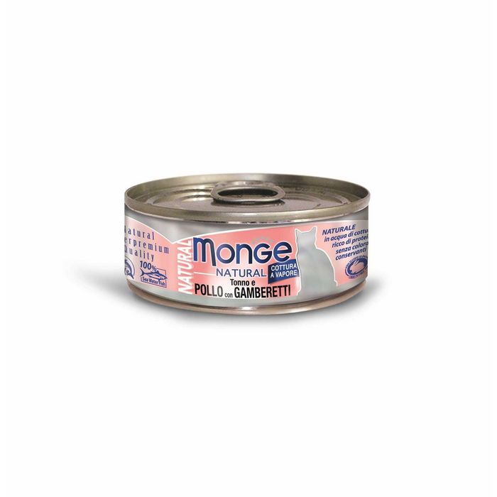 Влажный корм Monge Cat Natural для кошек, тунец с курицей и креветками, ж/б, 80 г