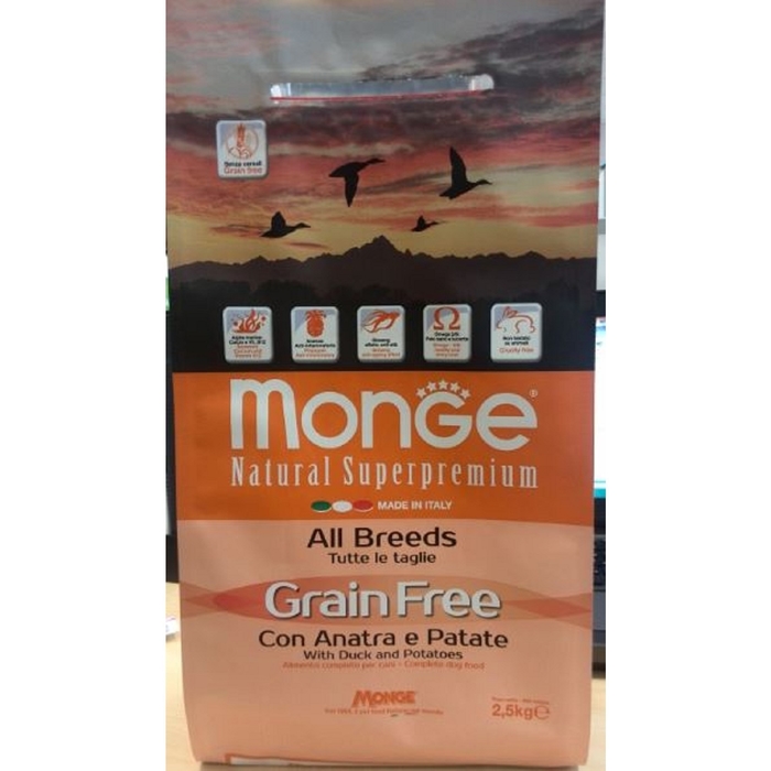 Сухой корм Monge Dog GRAIN FREE беззерновой для собак, утка с картофелем, 2,5 кг