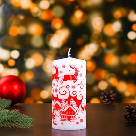 Свеча-цилиндр новогодняя "Новогодние узоры №1", 12,5х6 см, 35 ч, 275 г, белая с красным