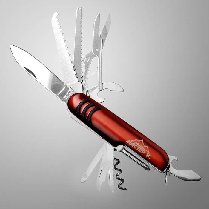 Нож многофункциональный 11 в 1, рукоять красная, 3 чёрные полоски