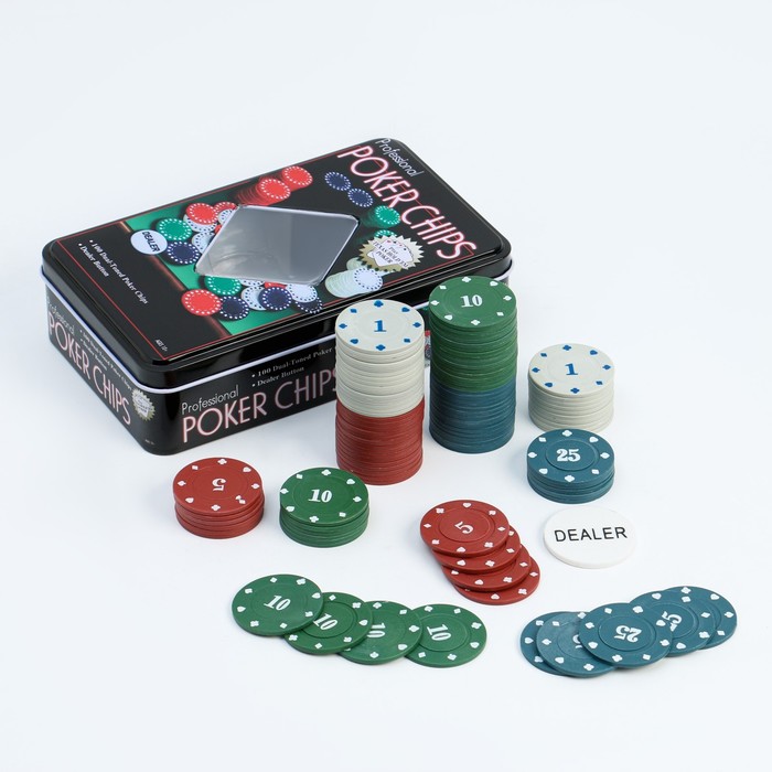 Набор для покера Professional Poker Chips: 100 фишек с номиналом, фишка дилера, металлическая коробка, УЦЕНКА (мятая коробка)