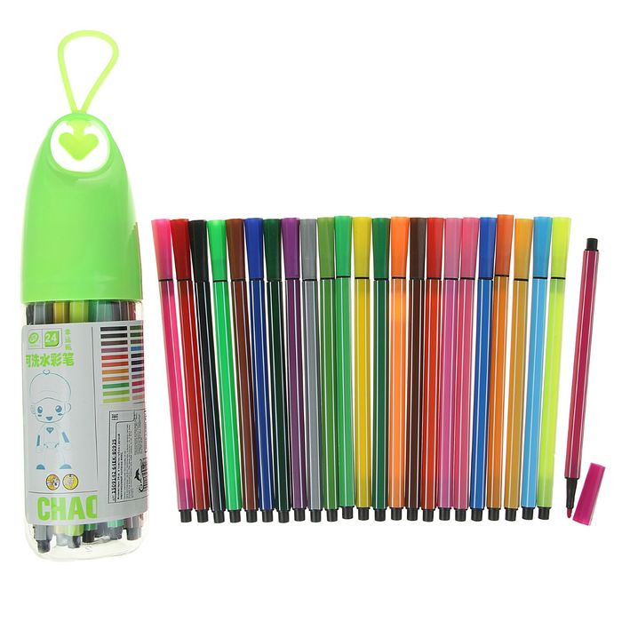 Фломастеры, 24 цвета, в пластиковом тубусе с ручкой, вентилируемый колпачок, МИКС - фото 175646