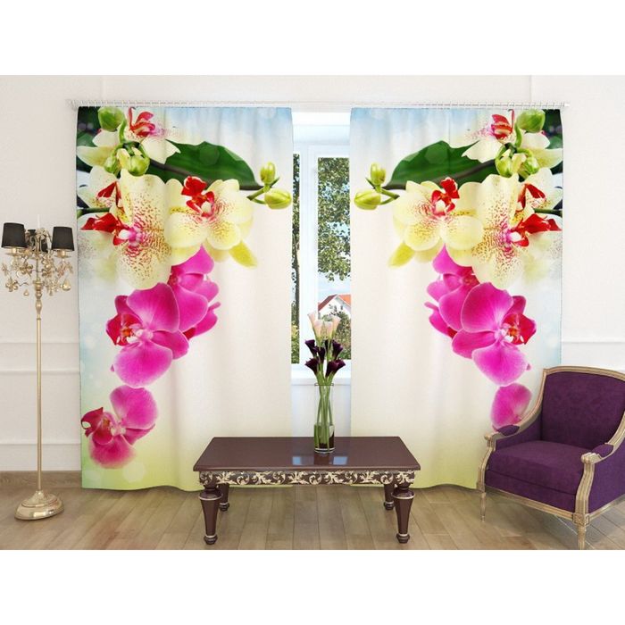 Фотошторы «Веточка орхидеи», ширина 150 см, высота 260 см-2 шт., шторная лента, габардин - фото 127109228