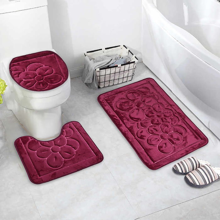 Набор ковриков для ванны и туалета Доляна, 3 шт: 36×43, 40×50, 50×80 см, цвет бордовый