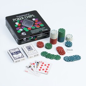 Набор для покера Professional Poker Chips: 2 колоды карт по 54 шт., 100 фишек, металлическая коробка, УЦЕНКА (коробка мятая или отсутствует) в Донецке
