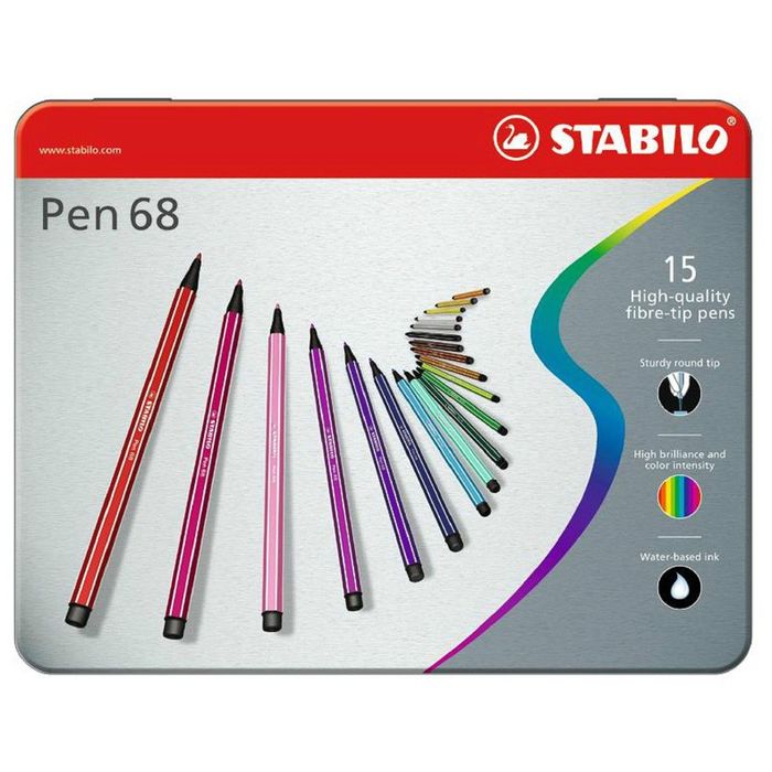 Фломастеры профессиональные 15 цветов Stabilo 6815-6, металлический футляр