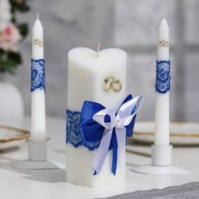 Набор свечей "Кружевной с бантиком" синий: домашний очаг 6,8х15см, родительские 1,8х17,5см