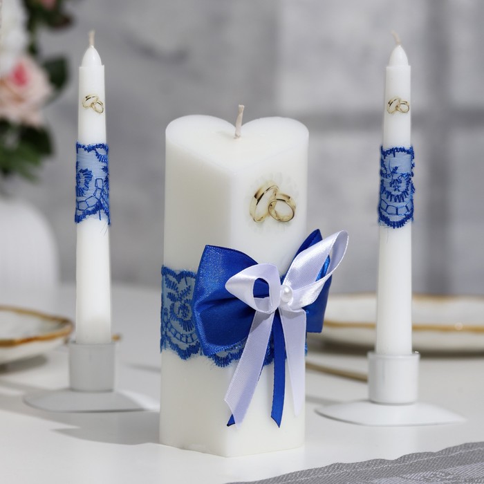 Набор свечей "Кружевной", синий : Домашний очаг 6.8х15см, Родительские свечи 1.8х17.5см