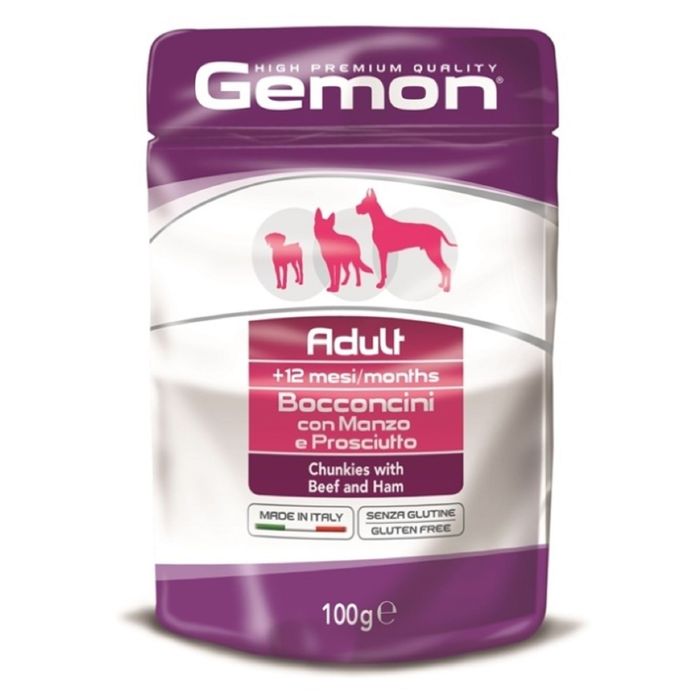 Влажный корм Gemon Dog Pouch для собак, кусочки говядины с ветчиной, пауч, 100 г