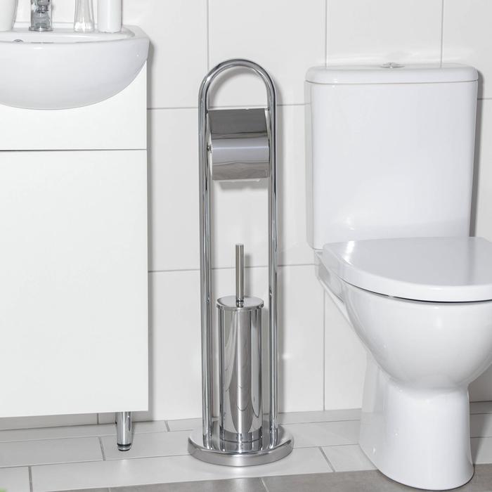 Ёршик для унитаза с подставкой напольный, 22×22×83 см, с держателем для туалетной бумаги, цвет хром