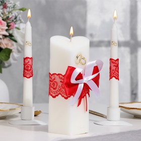 Набор свечей "Кружевной с бантиком" красный: домашний очаг 6,8х15см, родительские 1,8х17,5см