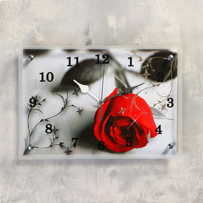 Часы настенные, серия: Цветы, "Красная роза на сером", 25х35  см, микс