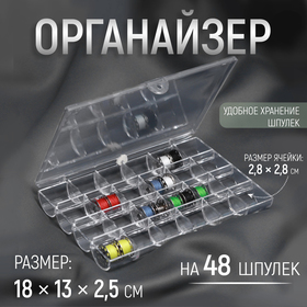 Органайзер для ниток, на 48 шпулек, 18 × 13 × 2,5 см, цвет прозрачный