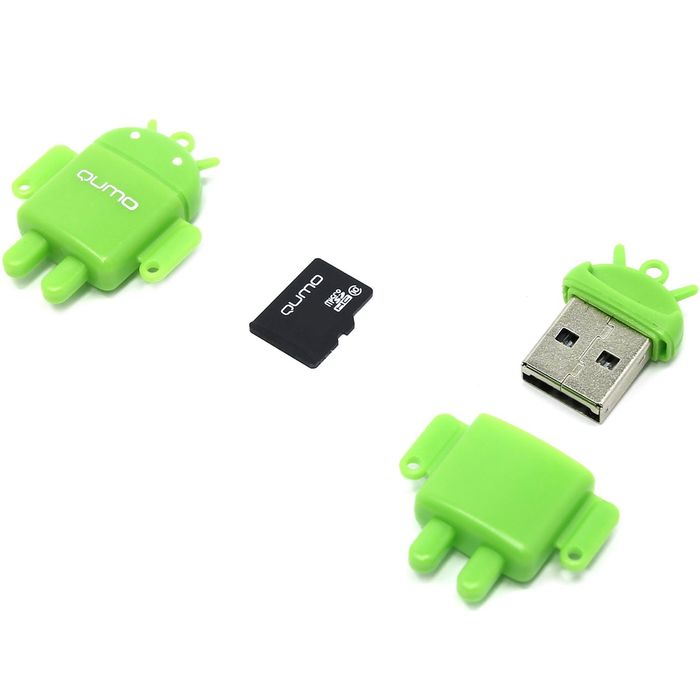 Карта памяти Qumo Fundroid  MicroSD 4GB Class 10 + USB картридер , зеленый