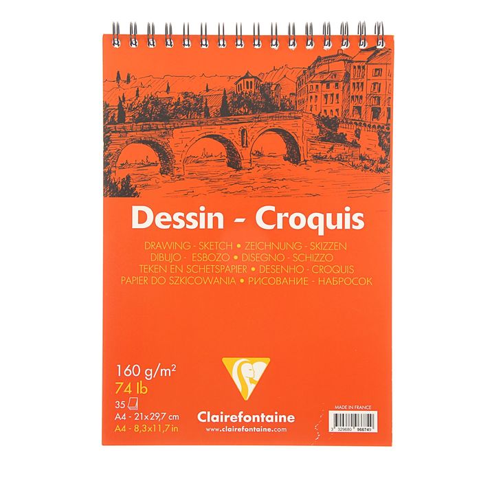 Блокнот для рисунков А4 160 г/м2 Clairefontaine Dessi Croquis 35 листов, спираль, белый 96674С