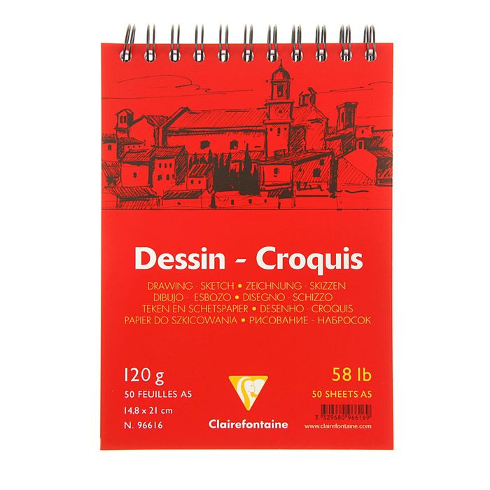 Блокнот для рисунков А5 120 г/м2 Clairefontaine Dessi Croquis 50 листов, спираль, Белый 96616С