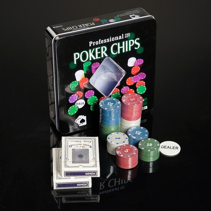 Набор для покера Professional Poker Chips: 100 фишек, 2 колоды карт по 54 шт., металлическая коробка, УЦЕНКА (мятая коробка)