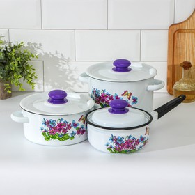 Набор посуды «Фиалки», 3 предмета: кастрюли 2 л, 3,5 л, ковш с крышкой 1,5 л